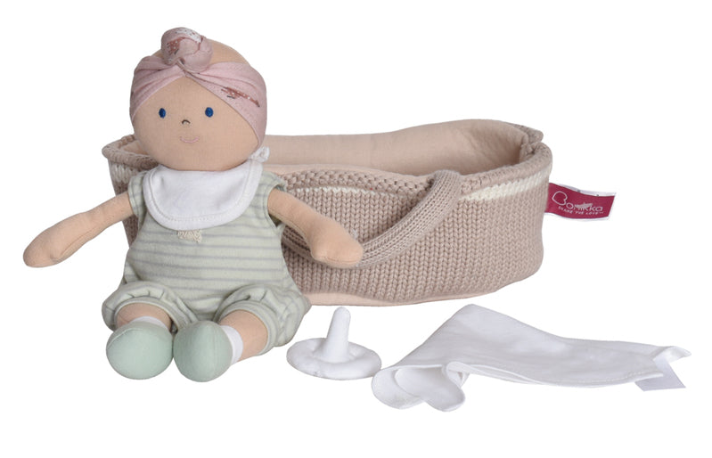 Baby Remi Doll with Green Outfit and Knitted Carry Cot