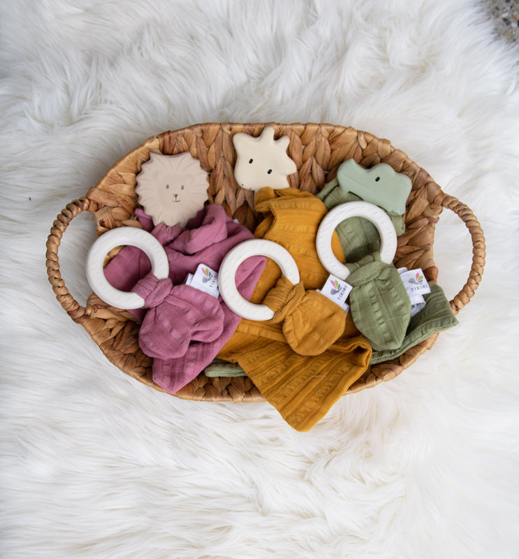 Crocodile Rubber Teether with a Olive Green Muslin Comforter