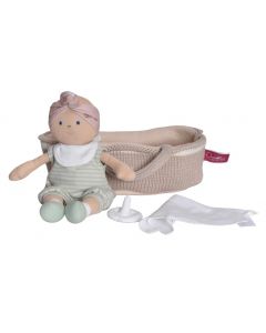 Baby Remi Doll with Green Outfit and Knitted Carry Cot