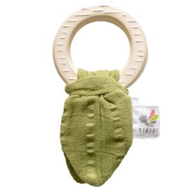 Natural Rubber Teether with a Sage Green Muslin Tie