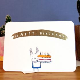 Laura Skilbeck Card - Gold Bunny Birthday Cake